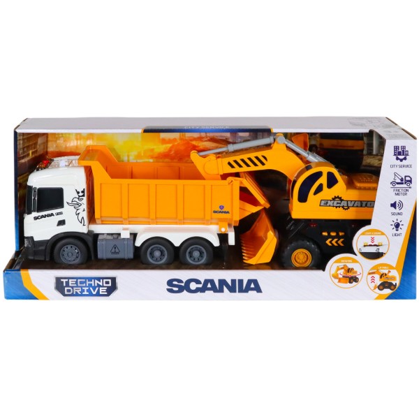 Фото - Наземна спецтехніка TechnoDrive 2в1 Truck – САМОСВАЛ SCANIA І ЕКСКАВАТОР (світло, звук) (8001KS)